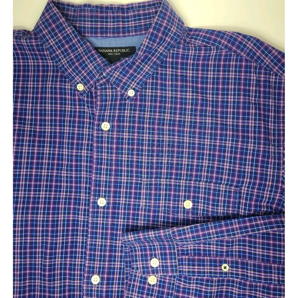 Banana Republic Soft Wash Shirt Mens XL Purple Blue Plaid Button Down Cotton